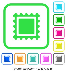 Postal stamp vivid colored flat icons in curved borders on white background