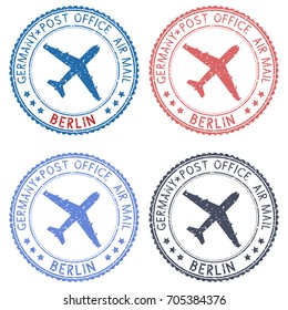 Postal stamps with BERLIN title. Round colored postmarks. Vector illustration isolated on white background