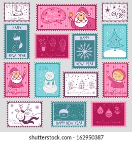 Postal stamps with Christmas illustration, vector set