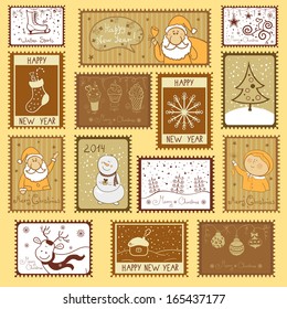 Postal stamps with Christmas illustration, vector set