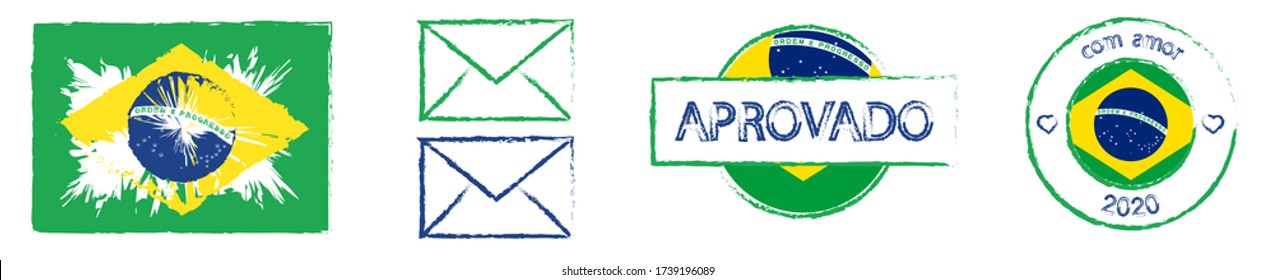 postal stamps in colors and with the symbols of Brazil flag. Delivery of greeting cards and letters. Isolated vector on white background