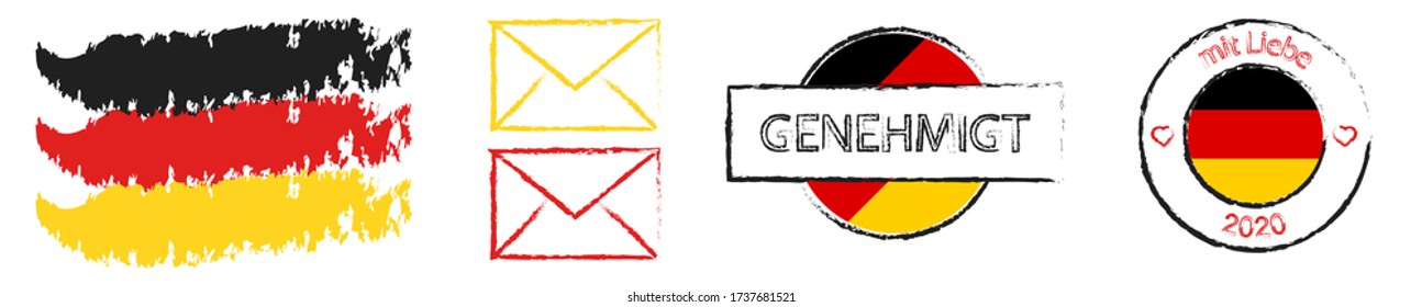 postal stamps in colors and with the symbols of flag of Germany. Delivery of greeting cards and letters. Isolated vector on white background