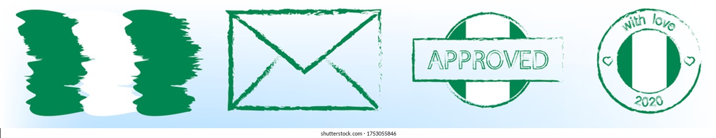 postal stamps in colors and with the symbols flag of Nigeria. Delivery of greeting cards and letters. Isolated vector on white background