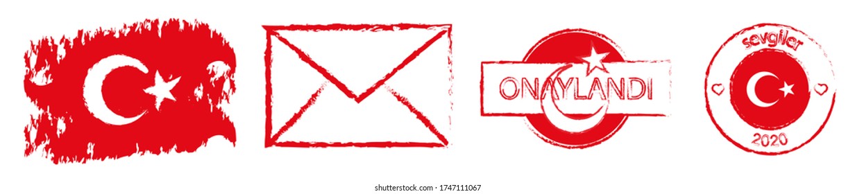 postal stamps in colors and with symbols of Republic of Turkey flag. Inscription is APPROVED and WITH LOVE on the stamps. Delivery of greeting cards and letters. Isolated vector on white background