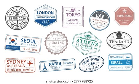 Postal stamps elements set design. Collection with international postage badges for post or visa control in Indonesia, London, Tokyo, Seoul, Kyiv, Paris, New York and other. Vector illustration.