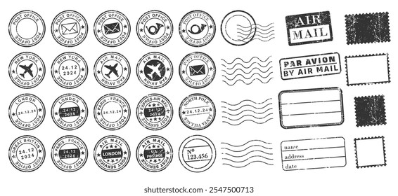 Postal Stamps frames icon shape set. Post Stamp grunge ink rubber labels sign collection.  Black round and square stamp border pack. Vector illustration image. Isolated on white background.	
