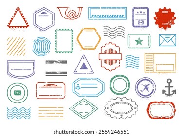 Postal stamps frames. Isolated stamp grunge effect for mail, travel documents. Letters postcards envelopes parcels postage insignia, neoteric vector clipart