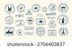 Postal stamps and mail post labels from different countries. A set of stamps for envelopes and parcels in retro style. Chicago, Los Angeles, Berlin, France, Texas, Australia. Vector illustration