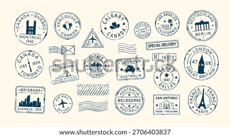 Postal stamps and mail post labels from different countries. A set of stamps for envelopes and parcels in retro style. Chicago, Los Angeles, Berlin, France, Texas, Australia. Vector illustration