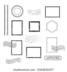 Postal Stamps and Postmarks, black isolated on white background, vector illustration. Textured Postage Grunge Label.