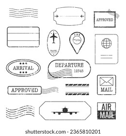 Postal Stamps and Postmarks, black isolated on white background, vector illustration. Textured Postage Grunge Label.