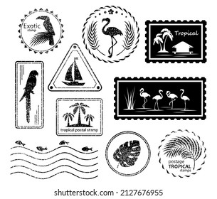 Postal stamps and postmarks. Set of various postmarks and postage stamps exotic birds, tropical palm and sea waves. Mail signs with texture. Vacation, travel, tourism, sea concept. Isolated. Vector