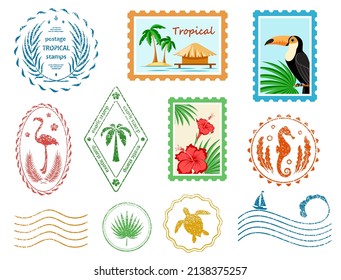 Postal stamps and postmarks. Set of various postmarks and postage stamps tropical palm, exotic birds and sea waves. Mail signs with texture. Vacation, travel, tourism, sea concept. Isolated. Vector