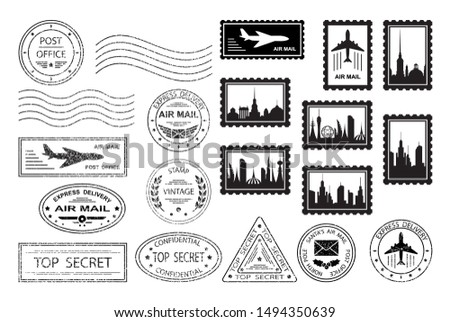 Postal stamps and postmarks. Set of various postmarks and postage stamps with city silhouettes. Air mail, top secret, express delivery, post office.  Santa's Air Mail.  Isolation. Vector illustration
