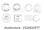 Postal stamps, seal and postmarks sign set. Empty mail delivery template. Paper mark symbol of correspondence, post, airmail. Wavy lines