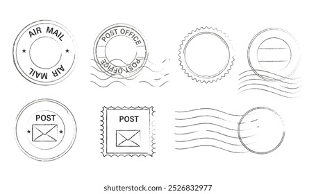 Postal stamps, seal and postmarks sign set. Empty mail delivery template. Paper mark symbol of correspondence, post, airmail. Wavy lines