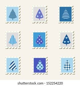 Postal stamps set fir-trees. Vector illustration. 