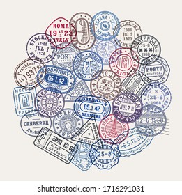 Postal stamps set, postmarks group, old colored passport stamps, colorful ink dirty style, grunge vector illustration 