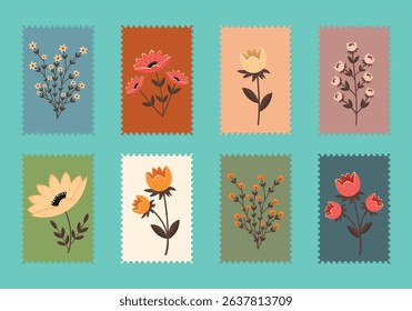 Postal stamps set with retro flowers flat vector illustration.