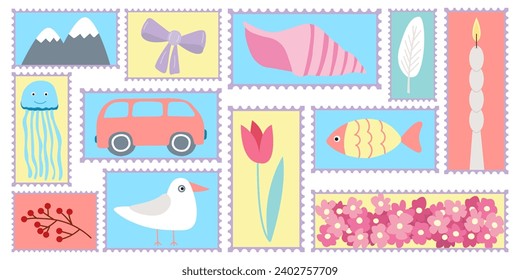 Postal stamps set. Vector set of trendy postage stamps stickers with animals, fish, flowers and decor