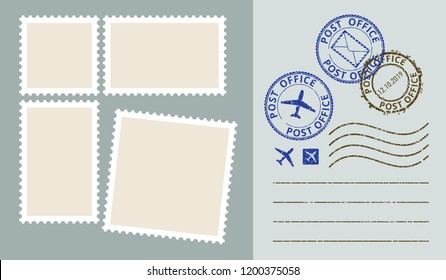 Набор векторных шаблонов почтовых марок. Штамп почтового отделения. Марка на авиапосте.