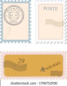 Postal stamps templete set. Post office stamp. Air post stamp.