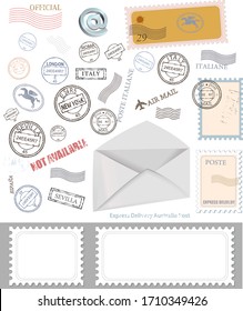 Postal stamps templete set. Post office stamp. Air post stamp.