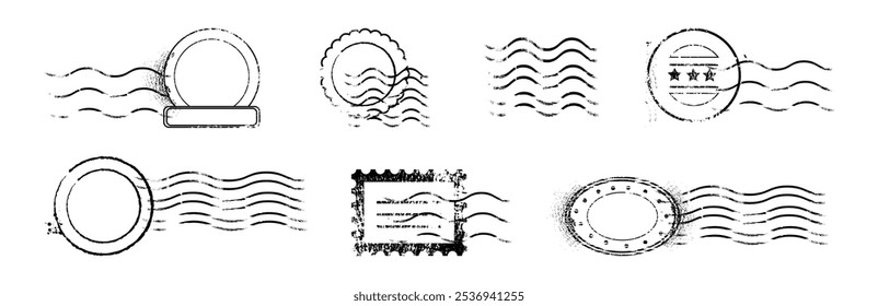 Postwertzeichen oder Reiseanhänger, einzelne realistische monochrome Aufkleber mit leerem Platz. Vektorwasserzeichen mit grundem Effekt. Schmutzige alte oder gealterte Markierungen mit Kratzern Texturen Design