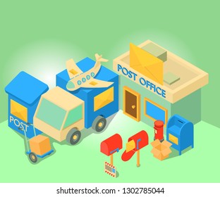 Postal station concept banner. Isometric banner of postal station vector concept for web, giftcard and postcard