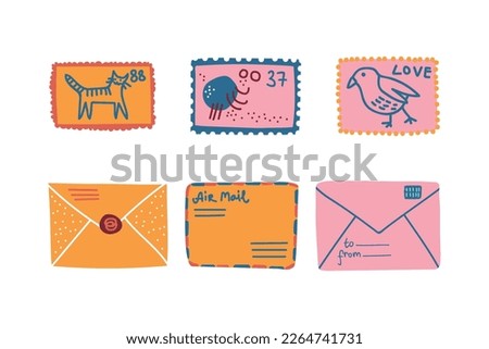 Postal Symbol with Closed Letter and Postage Stamp or Mark Vector Set.