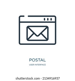 icono de línea delgada postal. enviar, iconos postlineales del concepto de interfaz de usuario, signo de contorno aislado. Elemento de símbolo de ilustración vectorial para diseño web y aplicaciones.