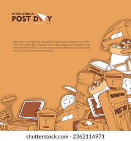 Postal tools in doodle art design for international post day campaign