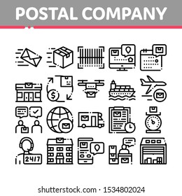 Postal Transportation Company Icons Set Vector Thin Line. Hotline Support And Postal Building, Ship And Airplane, Drone Delivery And Truck Concept Linear Pictograms. Monochrome Contour Illustrations