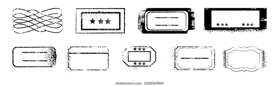 Postal and travel stamps collection. Vector isolated set of realistic black ink square shapes with empty space for copy space. Vintage and retro banners with notes, international cargo shipment