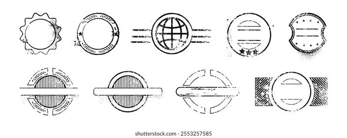 Selos postais ou de viagem, conjunto de bandeiras monocromáticas isoladas. Marca vetorial de partida ou de chegada do passaporte. Adesivo de carga ou expedição, vintage ou retro design para entrega de encomendas ou viagem