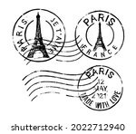 Postal vintage stamps Paris - France. Vector grunge rubber with Eiffel Tower 