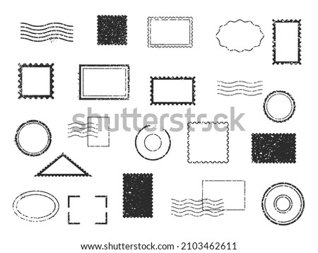 Postal watermark. Blank different types stamp frames. Black imprints. Travel stickers and labels. Postmark seals. Vintage inked geometric borders and wave lines. Vector