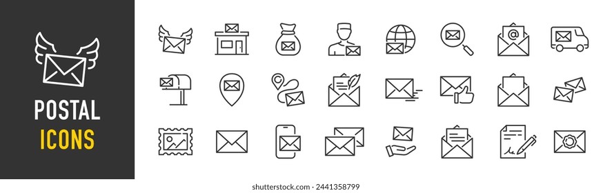 Postal web icons in line style. Email, address, post service, shipping, delivery, packaging collection. Vector illustration.