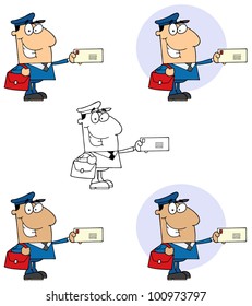 Postal Worker Mail Man Holding A Letter. Vector Collection