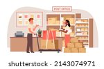 Postal worker moving cardboard boxes from trolley in post office vector illustration. Cartoon postman carrying cart with parcels to female clerk with background. Delivery, logistic service concept