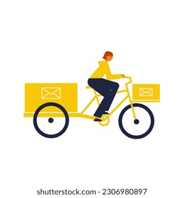 Postal worker riding cargo bike. Woman letter carrier deliver parcels. Cartoon geometric vector illustration