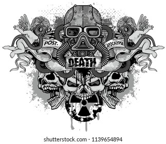 post-apocalypse coat of arms with skull, grunge vintage design t shirts