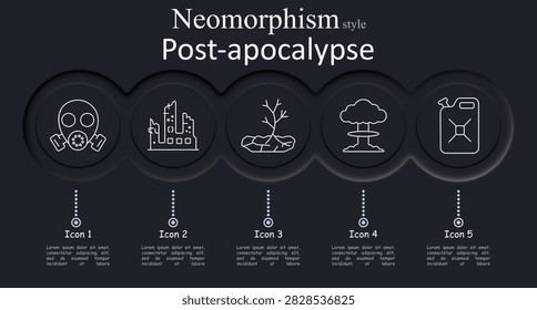 Post-apocalypse set icon. Mask covers face filters. City ruins broken towers. Tree stands dead branches. Cloud forms mushroom blast. Can holds fuel liquid.