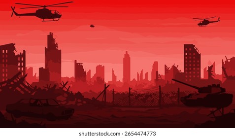 Vetor da paisagem urbana pós-apocalíptica com tanque de silhueta, carro destroçado e helicópteros em paisagem vermelha e negra devastada pela guerra