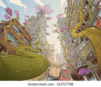 Postapocalyptic fantastic city. Concept art illustration. Sketch gaming design. Fantastic vehicles, trees, people. Hand drawn vector painting. 