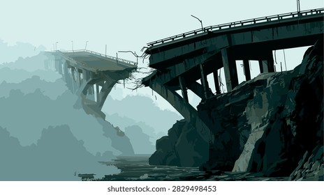 Post-Apocalyptic Landscape with Broken Concrete Bridge and Fog