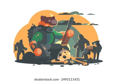 Escena de batalla post apocalíptica de robots. Ilustración vectorial que representa robots y personajes en un paisaje destrozado por la guerra.