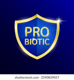 Postbiotic bacteria in blue shield on dark background. Gold shine frame for product label packaging badge logo. Good bacterial flora for stomach bowel intestine. 3D Vector.