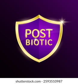 Postbiotic bacteria in purple shield on dark background. Gold shine frame for product label packaging badge logo. Good bacterial flora for stomach bowel intestine. 3D Vector.