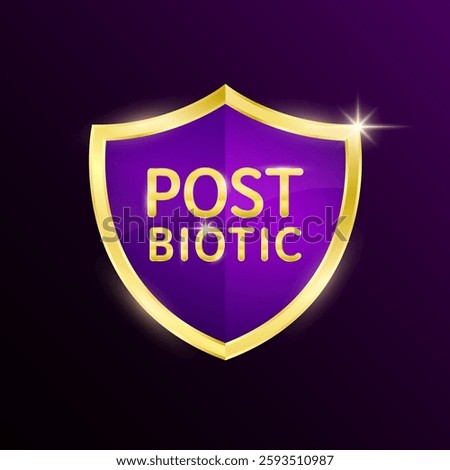 Postbiotic bacteria in purple shield on dark background. Gold shine frame for product label packaging badge logo. Good bacterial flora for stomach bowel intestine. 3D Vector.